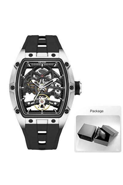 Choice ساعة MEGIR ميكانيكية أوتوماتيكية للرجال باللون الفضي مع علبة من الفولاذ المقاوم للصدأ وسوار من السيليكون