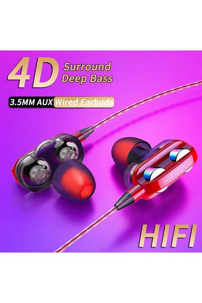 Choice Red 3.5mm Wired Headphones Noise Canceling In-Ear Sports Earphone Dual Driver Bass Stereo Gaming Hea