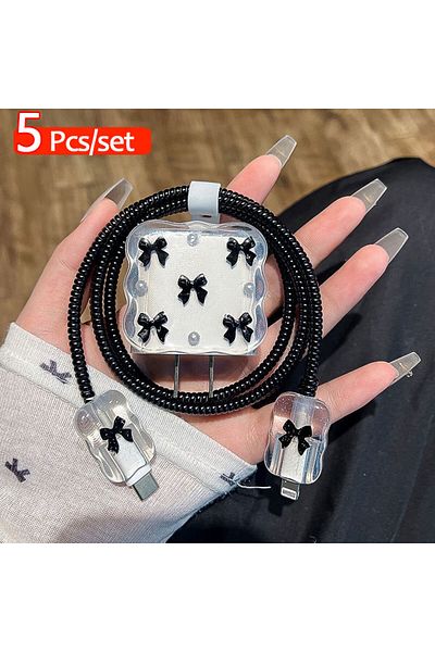 Choice 5Pcs Black Compatible for iPhone 20W Charger Cover Lovely 3D Bow Tie Waves Design Soft Charger Prote