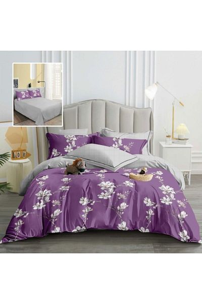 Pucioasa Double bed linen from fine satin, duvet sheet 200x220cm, 6-piece set, purple with magnolias