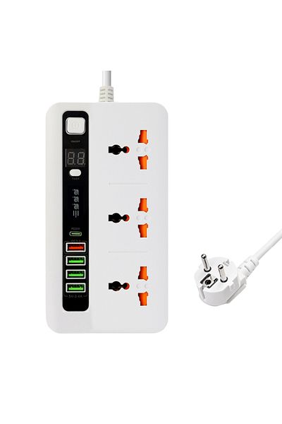 Choice EU Plug WHITE EU Plug Power Socket with Fast Charge QC3.0 and PD20w 2m Extension Cord 3 Output Unive
