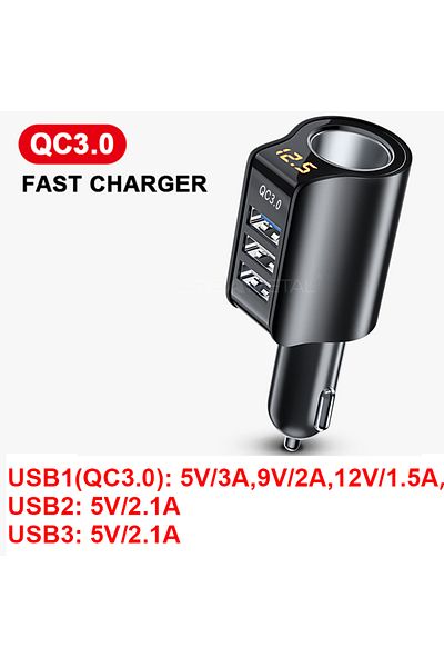 Choice Fast Charging Type SEAMETAL 96W QC3.0 3.1A USB Car Charger 3 Ports 12-24V Cigarette Lighter Socket S