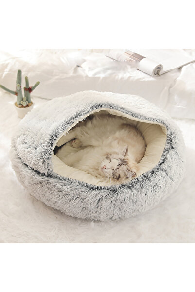 Choice سرير قطط رمادي كبير مستدير من القطيفة الناعمة مع غطاء للرأس، مريح للقط...