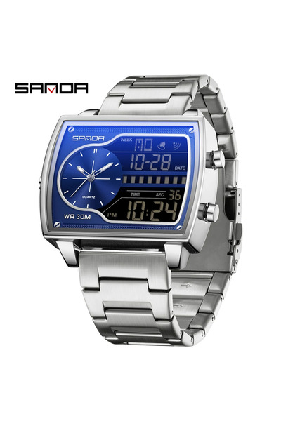 Choice ساعة SANDA 6163 للرجال كوارتز عصرية باللون الفضي والأزرق مع عداد تنازل...