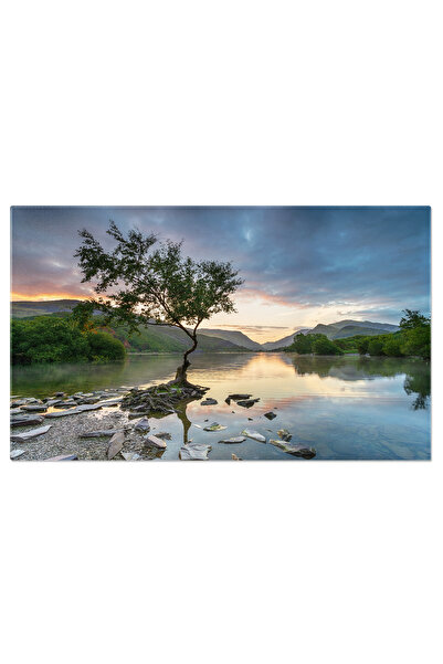 StoryGift Romania Tablou Canvas 40 x 25CM Rasrit la Llyn Padarn, llyn padarn, lambe, lac, munte, national park. STG