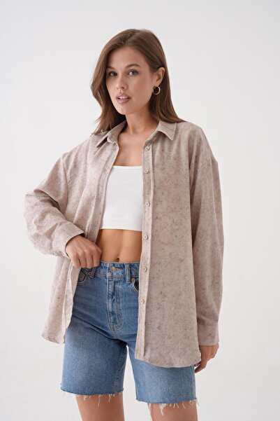 minaaise Kadın Taş Batik Desenli Tunik Oversize Gömlek 29180