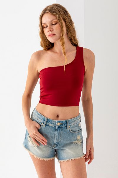 GİYSA Women's One Shoulder Asymmetrical Collar Basic Body Claret Red - 2401