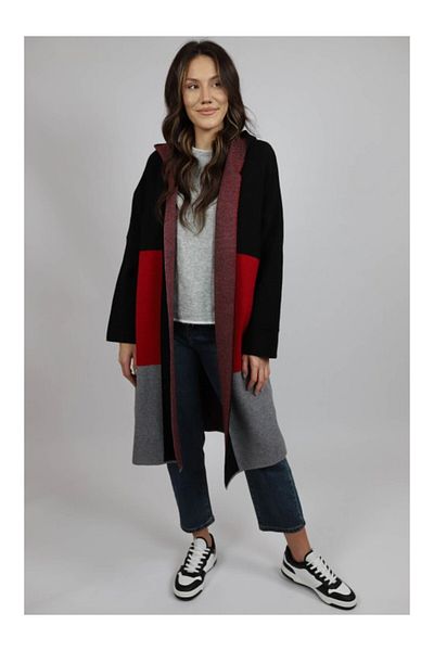 De Royal Italy LONG KNIT CARDIGAN WITH HOOD IN WHITE BLOCKS Red ONE SIZE