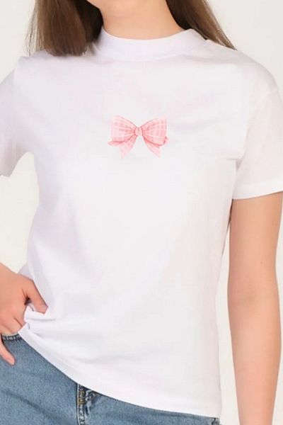 PHIL HILL Ribbon Printed Women's White Stand Collar T-Shirt 100% Cotton