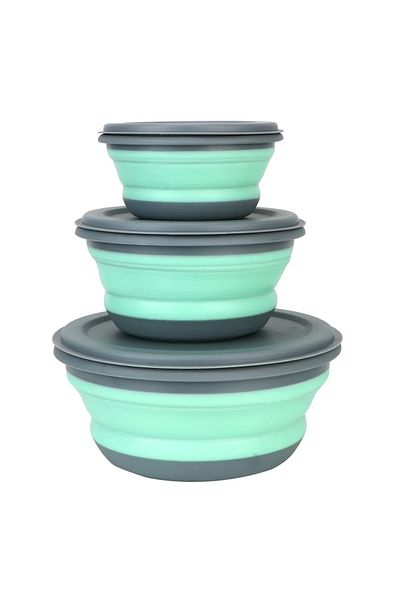 Choice green 3-piece set with lid salad bowl set silicone folding bowl foldable lunch box portable