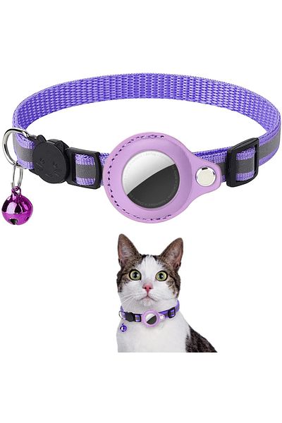 Choice Adjustable 22-32cm PURPLE Cat AirTag Holder Collar Breakaway Reflective Strips Adjustable Kitten Col