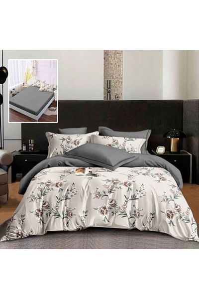 Pucioasa Lenjerie de pat din finet cu elastic, cearceaf pilota 200x220cm, 6 piese, flori bej