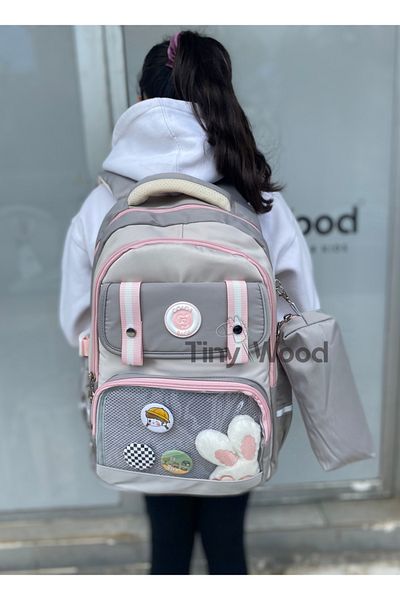 tiny wood Kawaii Korean Style School Backpack with Accessories and Ergonomic Black-Beige-Grey |   Nutrition, Pen Holder Set
