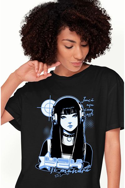 StoryGift Romania Tricou Femei Y2K si mandra. Joaca asa cum esti cu imprimeu pe Fata, 100% Bumbac, BLK_L