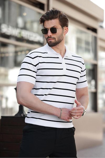 Madmext White Striped Polo Neck Men's T-Shirt E7405