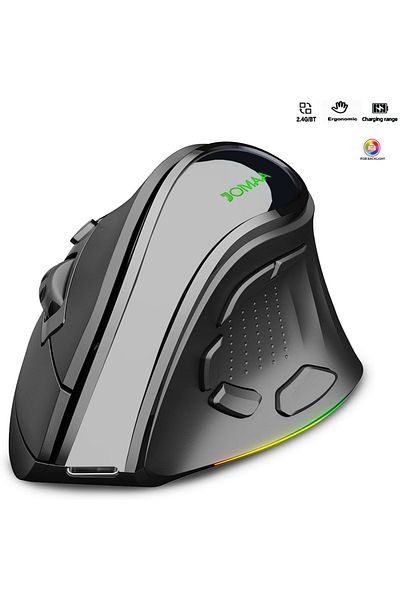 Choice ماوس لاسلكي عمودي مريح قابل لإعادة الشحن بتقنية 2.4 جيجاهرتز وبلوتوث ثنائي الوضع RGB أسود اللون مع 5 أزرار جانبية