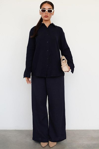 Madmext Navy Blue Basic Women's Shirt Pants Suit Mg2461