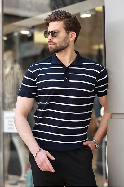 Madmext Ανδρικό μπλουζάκι με γιακά πόλο Navy Blue ριγέ E7405