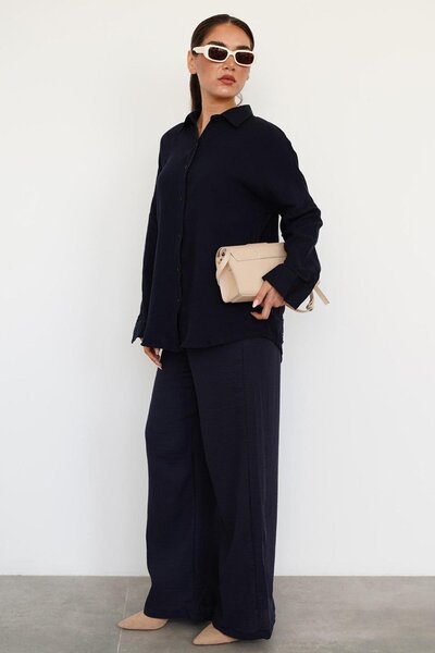 Madmext Navy Blue Basic Women's Shirt Pants Suit Mg2461