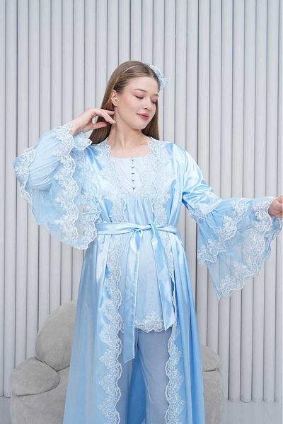 Lohussa Set de pijamale pentru femei, albastru, cu mâneci scurte, din bumbac, cu mâneci scurte, pentru maternitate