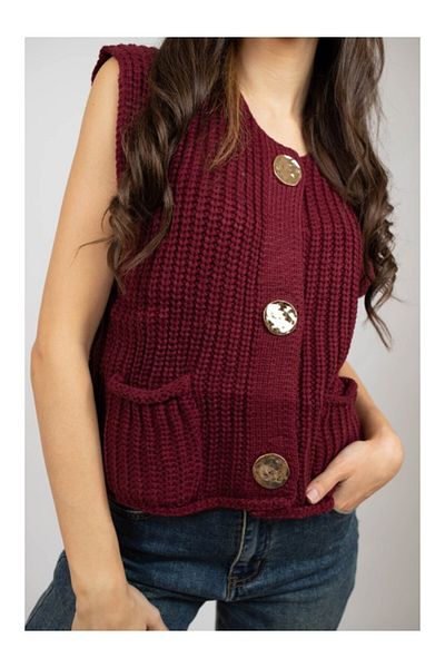 Lamiar Anne Short Cardigan Sweater Made of Thick Knit, One Size, Burgundy