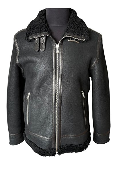 asus deri PİLOT SİYAH HAKİKİ KOYUN KÜRKÜ ERKEK CEKET