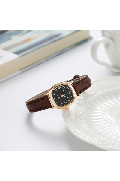 Choice ساعة نسائية بنية سوداء أنيقة صغيرة من الكوارتز العربي بسوار جلدي