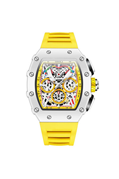 Choice ساعة ONOLA رجالية فاخرة باللون الأبيض والأصفر كاجوال أنيقة متعددة الوظائف بشريط سيليكون مقاوم للماء