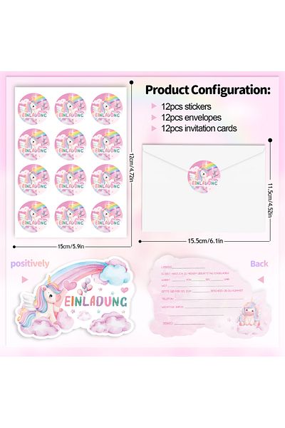 Choice 12 12PCs German Unicorn Birthday Invitation Card With 12 Envelopes 12 Unicorn Stickers Birthday Gift