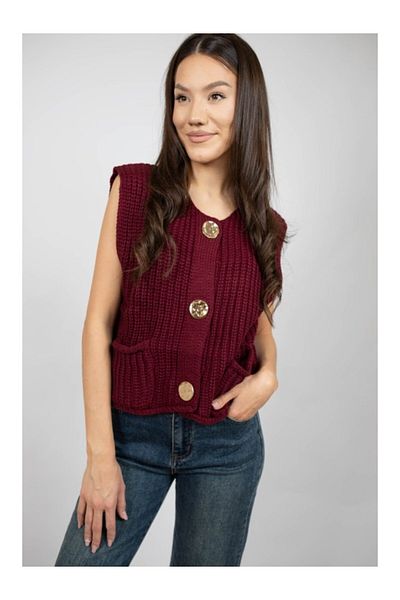 Lamiar Anne Short Cardigan Sweater Made of Thick Knit, One Size, Burgundy