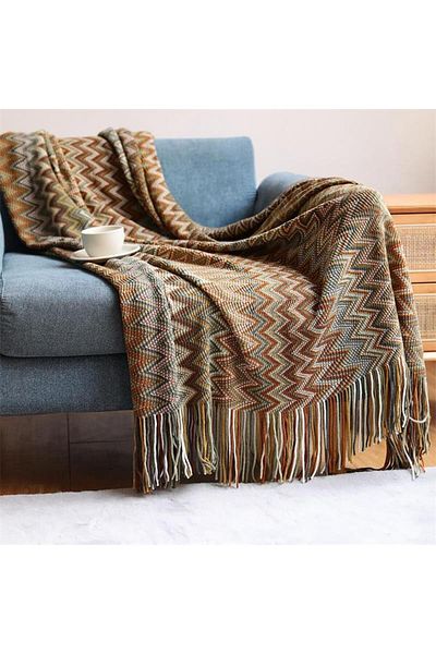 DUTRIEUX 130x230cm Yellow 100% Acryl Hand Knitted Blanket with Tassel Summer Blanket Bed Sofa Travel Breathab