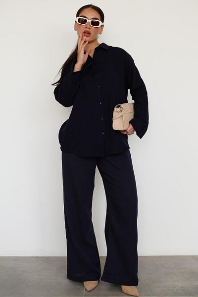 Madmext Navy Blue Basic Women's Shirt Pants Suit Mg2461
