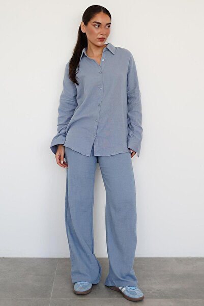 Madmext Blue Basic Women's Shirt Pants Suit Mg2461