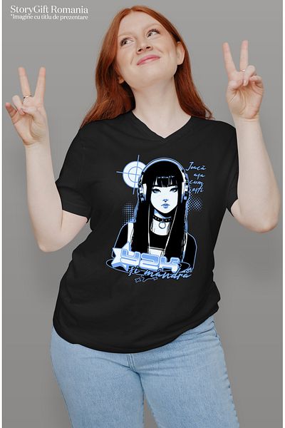 StoryGift Romania Tricou Femei Y2K si mandra. Joaca asa cum esti cu imprimeu pe Fata, 100% Bumbac, BLK_L