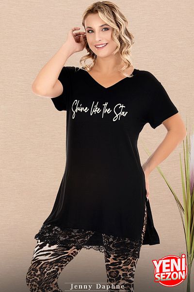 Jenny Daphne Țesătură din viscoză cu imprimeu leopard capris decolteu în V cu mânecă scurtă din dantelă cu potrivire confortabilă set de pijamale capri 12079