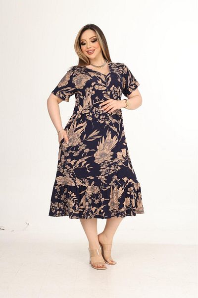 mezura tekstil Plus Size V-Neck Short Sleeve Skirt Pleated Stylish Combed Viscose Midi Length Dress