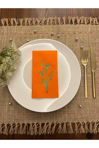 kidspartim Green Gilded Orange Poppy Flower Printed Waiter Fold Napkin 16 Pieces