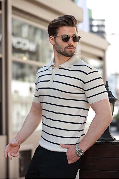 Madmext Beige Striped Polo Neck Men's T-Shirt E7405