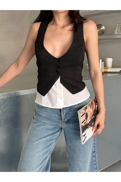 LOCH BUTİK Women's Shirt Detailed Buttoned Black Vest