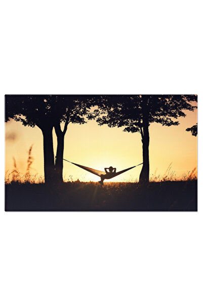 StoryGift Romania Tablou Canvas Silueta Unei Fete Intr-un Hamac Intre Copaci, Calatorie, Hamac, Relaxare, Silueta