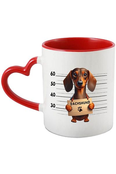 StoryGift Romania Cana cu Dachshund, caine, animal de companie, ilustratie, rasa pitica, urechi ap, Cu Maner Inim STG