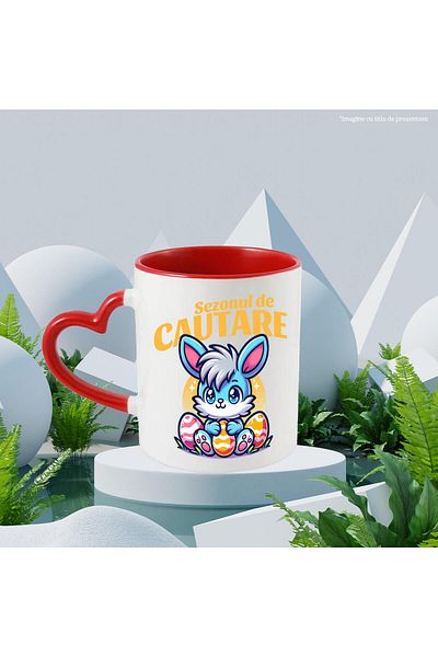StoryGift Romania Cana Cu Iepure Albastru Cu Freza Si Oua Colorate De Paste Text Sezonul De Cautar, Cu Maner Inim Stg