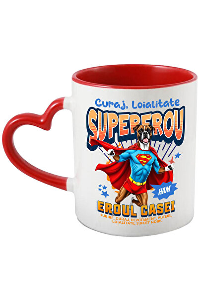 StoryGift Romania Cana Cu Boxer Caine In Costum De Superman Cu Pelerina, Erou Nocturn, Desene Anim, Cu Maner Inim Stg