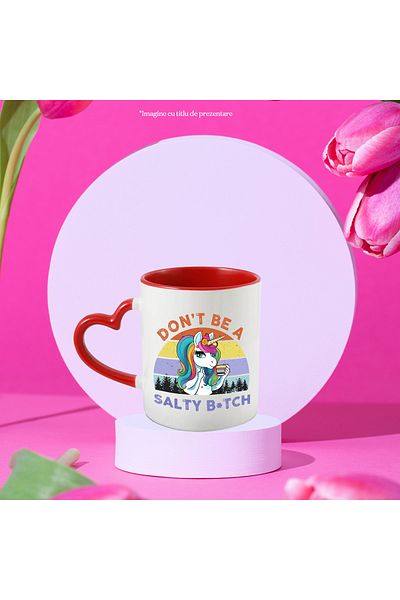 StoryGift Romania Mug with a unicorn showing an obscene sign with the message "Don't be a salty b*tch", With ,STG .
