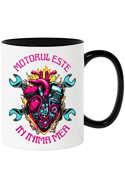 StoryGift Romania Cana Motorul Este In Inima Mea Viteza Masini Iubitorii De Mecanica, 330ml, Ceram, Cu Maner Negru Stg