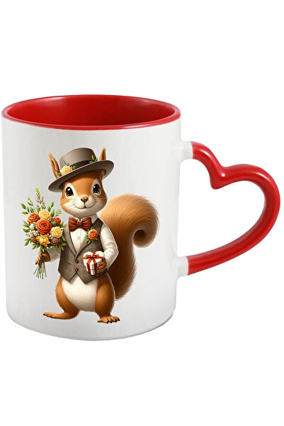 StoryGift Romania Cana cu o veverita vesela care tine un buchet cu flori si u...