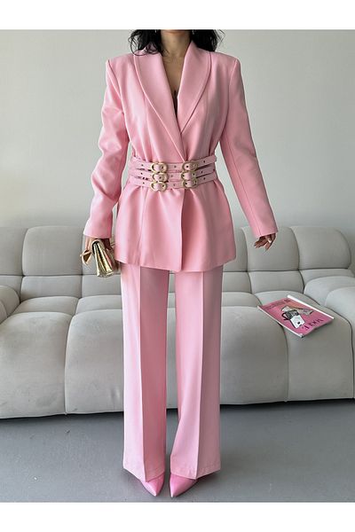 MYGİYİMİSTANBUL Gold Belt Detailed Blazer Jacket Pants Set