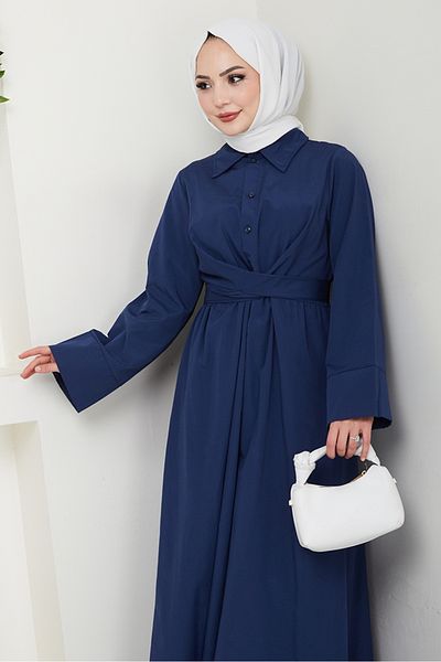 Bestenur Φόρεμα Renda με λουράκι μέσης 1467 - Navy Blue
