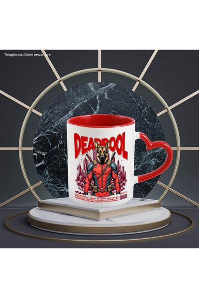 StoryGift Romania Cana Cu Ciobănesc German / German Shepherd Caine In Costum De Deadpool Cu Peleri, Cu Maner Inim Stg