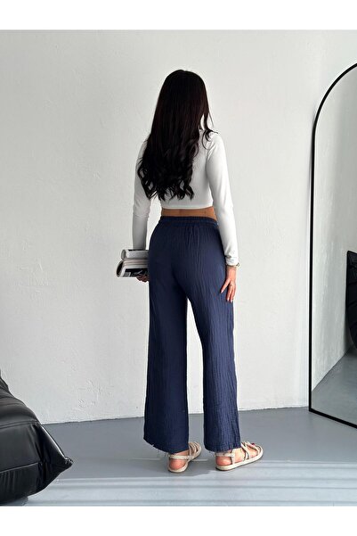 Polo State Kadın Lacivert Yüksek Bel Geniş Paça Müslin Pantolon